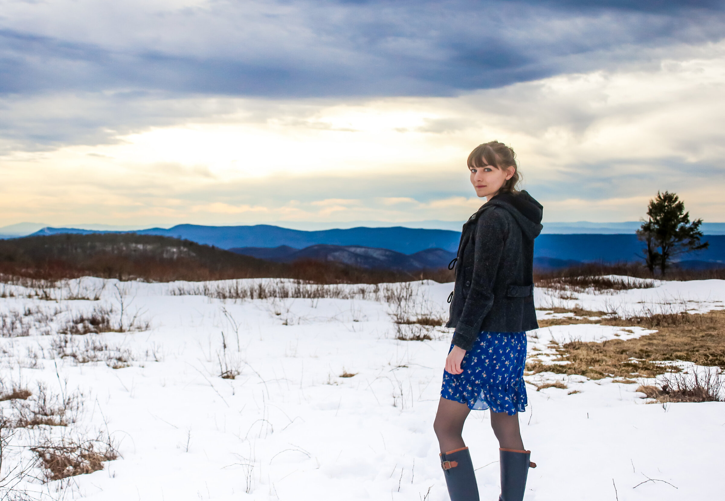 Alysa Segovia in a snowy mountain landscape in Virginia